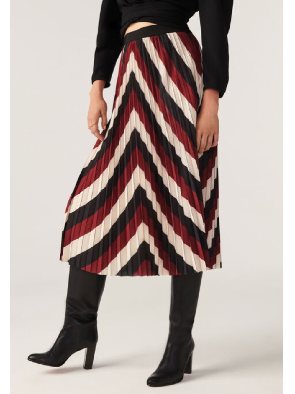 Ba&sh Hendy Pleated Skirt in Cream, Black and Maroon Red